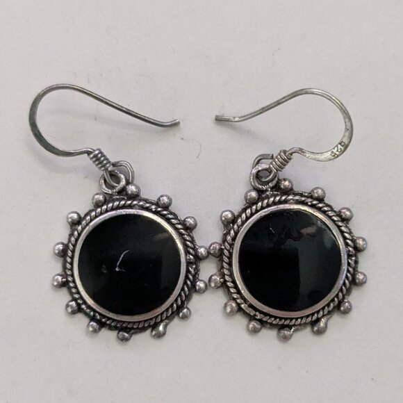 CW 925 Sterling Silver Black Onyx Round Dangle Pierced Earrings - Picture 1 of 3